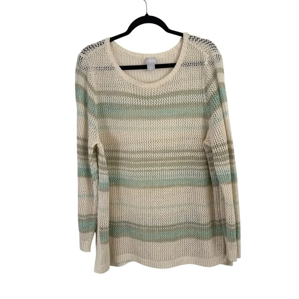Chicos Open Knit Marlene Pullover Sweater Cream Green Striped‎ Womens 4 US XXL